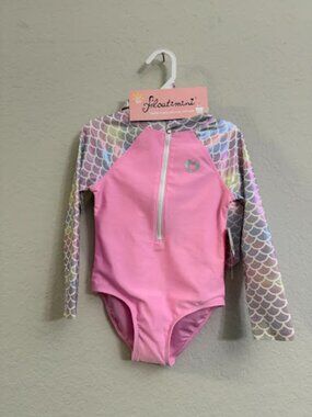 Floatimini NWT Mermaid UPF 50+ Long Sleeve Swimsuit Size 6 & Matching Tote Bag